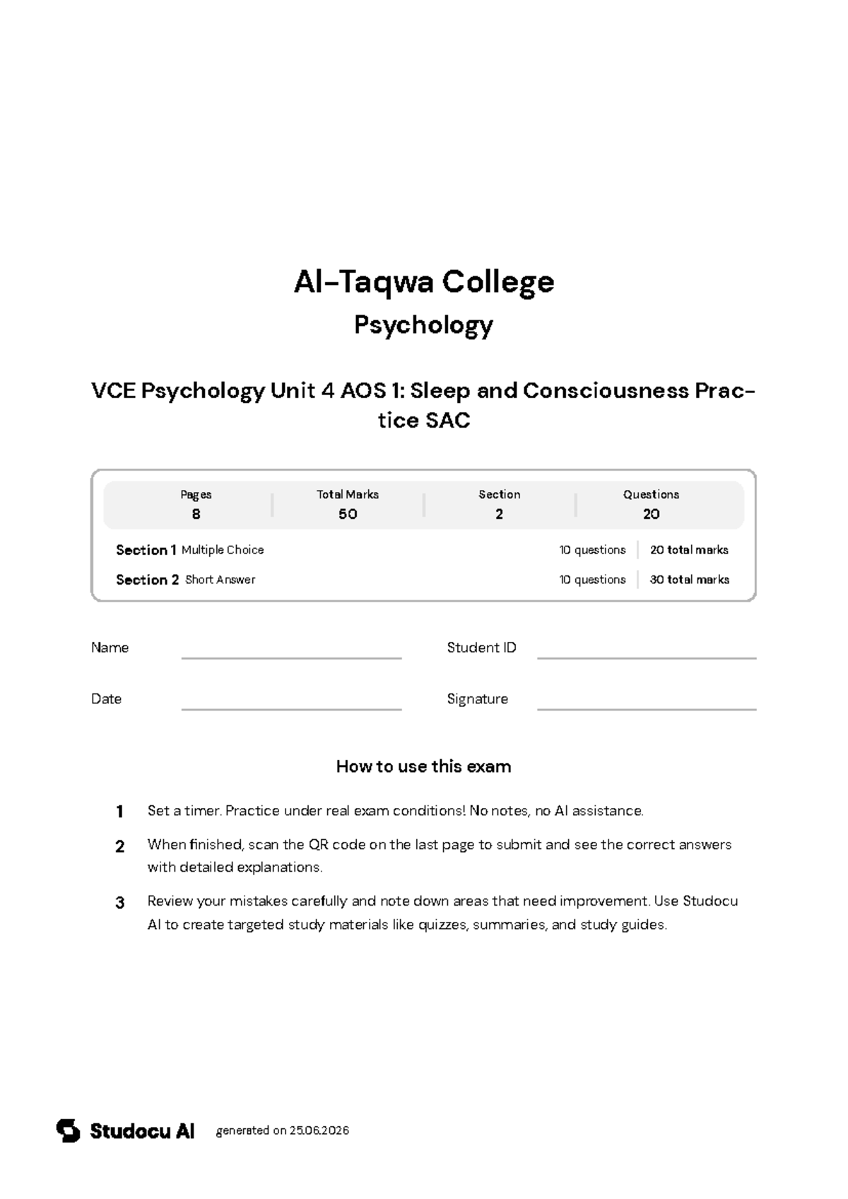 VCE Psychology Unit 4 AOS 1: Sleep and Consciousness Practice SAC - Studocu
