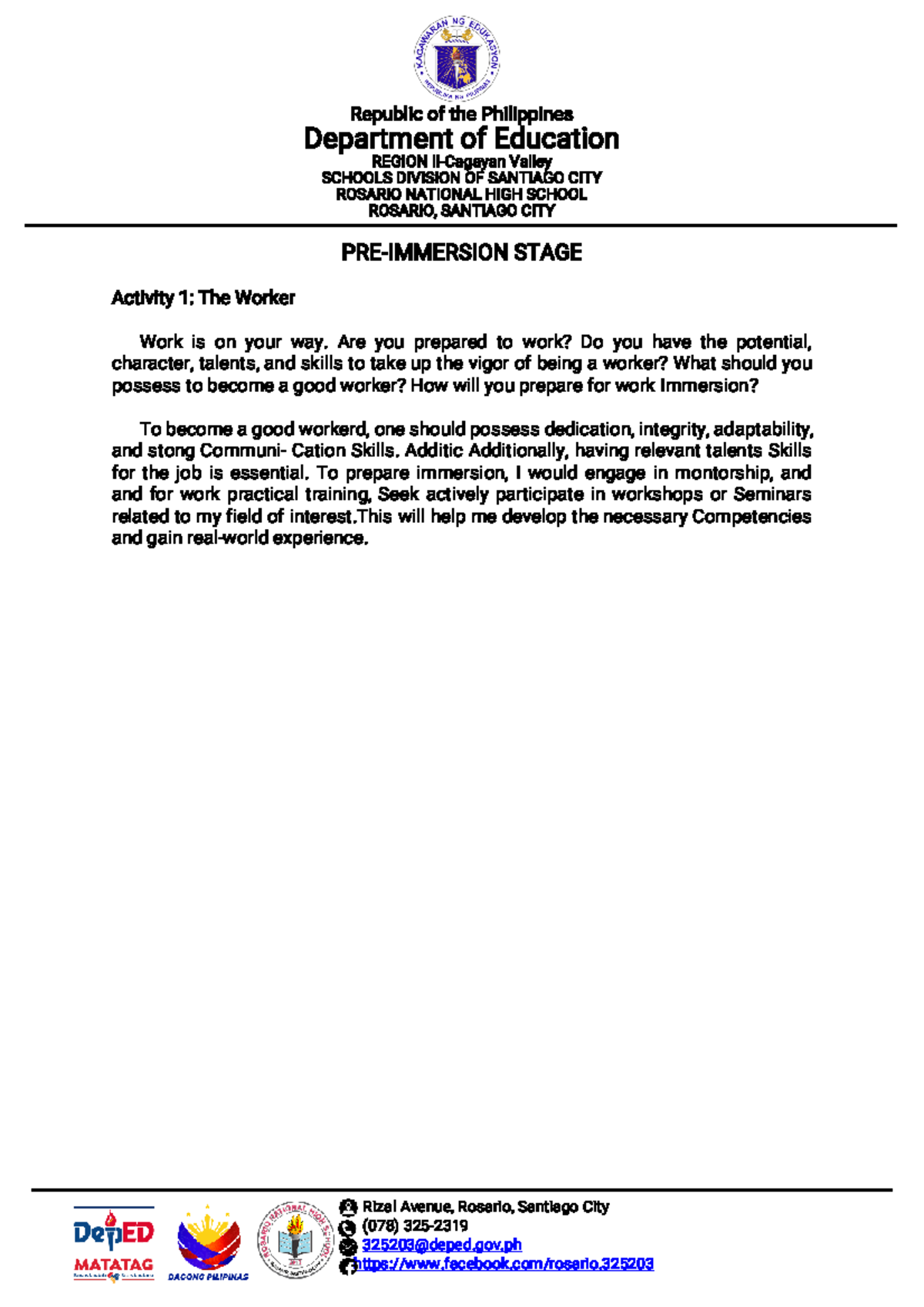 RM - Work Immersion: Pre-Immersion Activities and Guidelines - Studocu