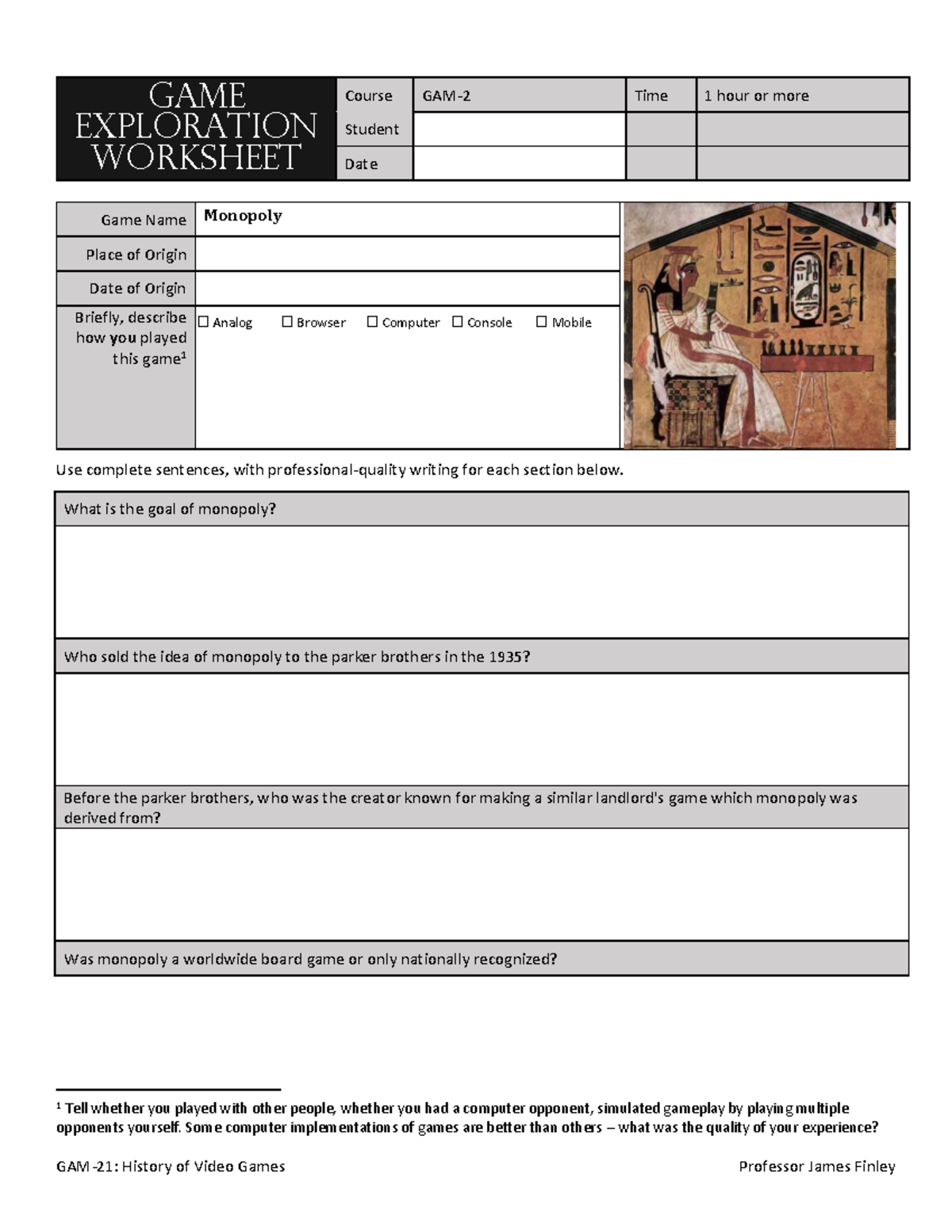 GAM 2 1 Research Worksheet: Exploring the Game Senet - Studocu