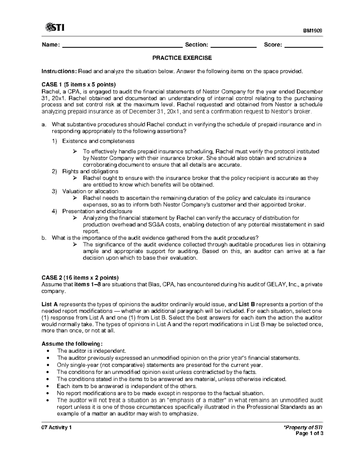 07 Activity 1(6) - CPA Practice Exercise on Audit Procedures - Studocu
