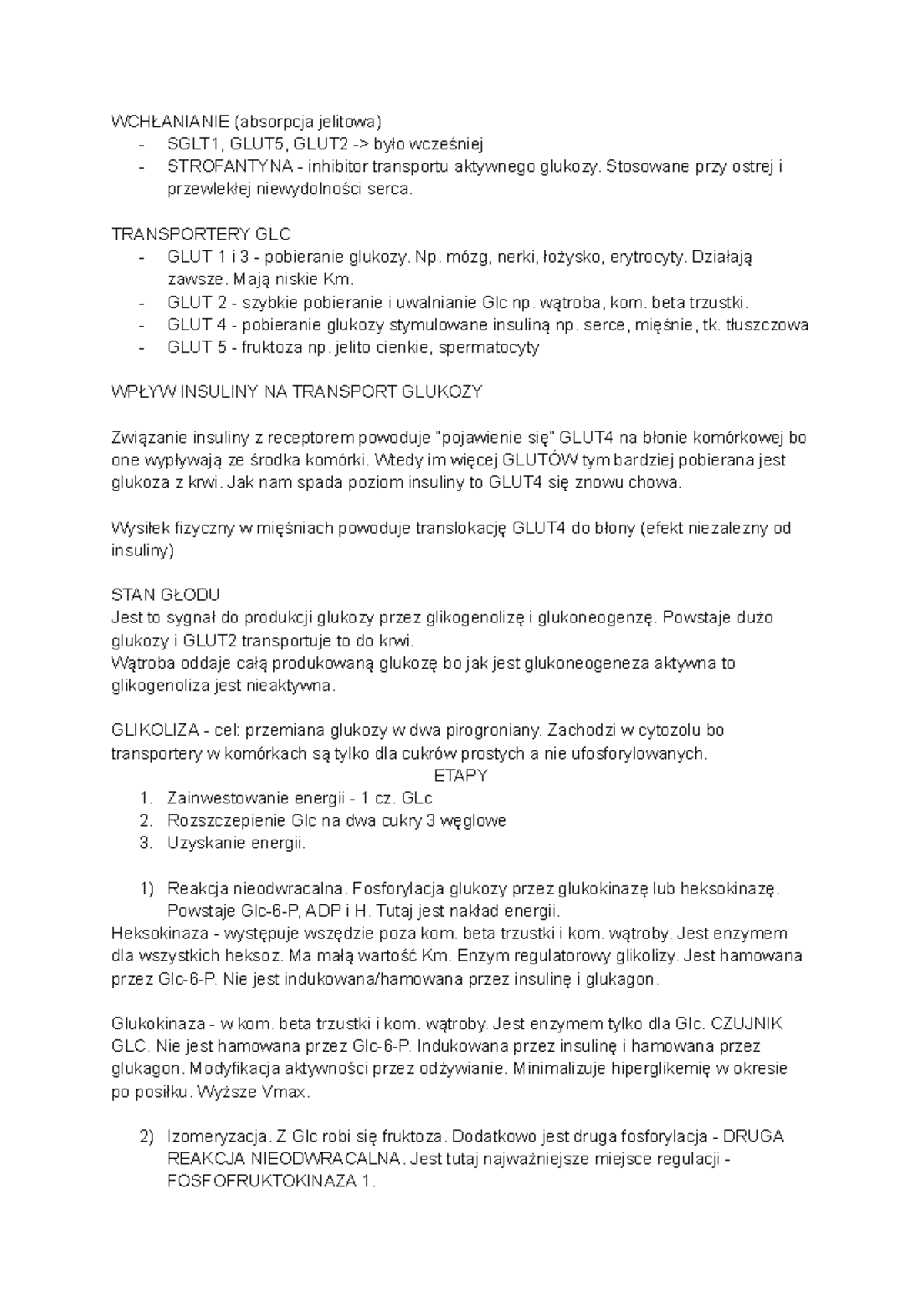 Biochemia - Metabolizm Cukrów Prostych, Wchłanianie i Glikoliza - Studocu