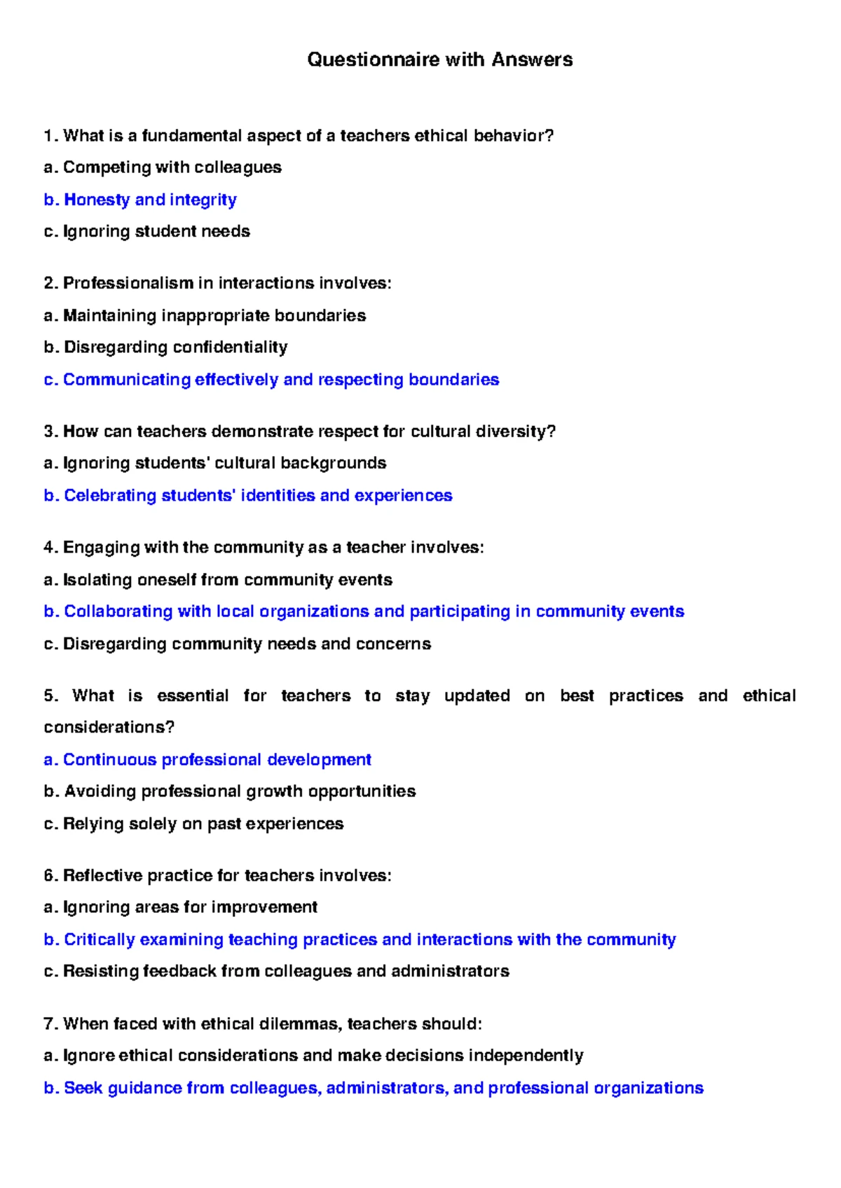 Questionnaire with answers - Questionnaire with Answers Why is respect ...