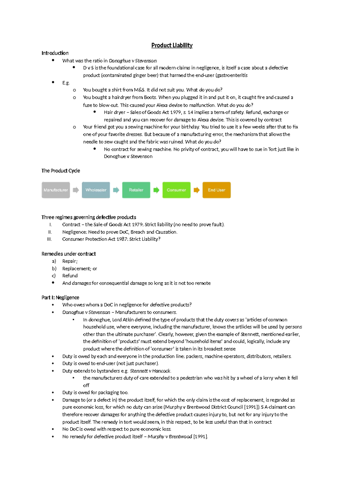 Product Liability - Tort Summary: Key Cases and Legal Principles - Studocu