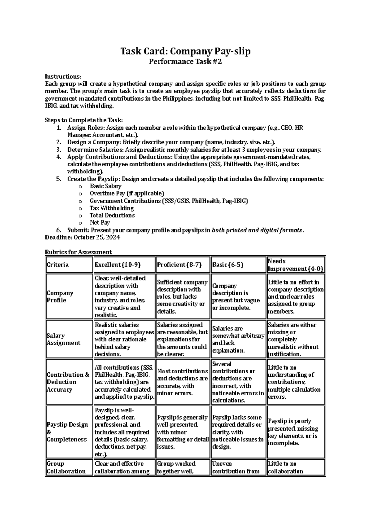 Q2 PT3 - Not available - Task Card: Company Pay-slip Performance Task ...