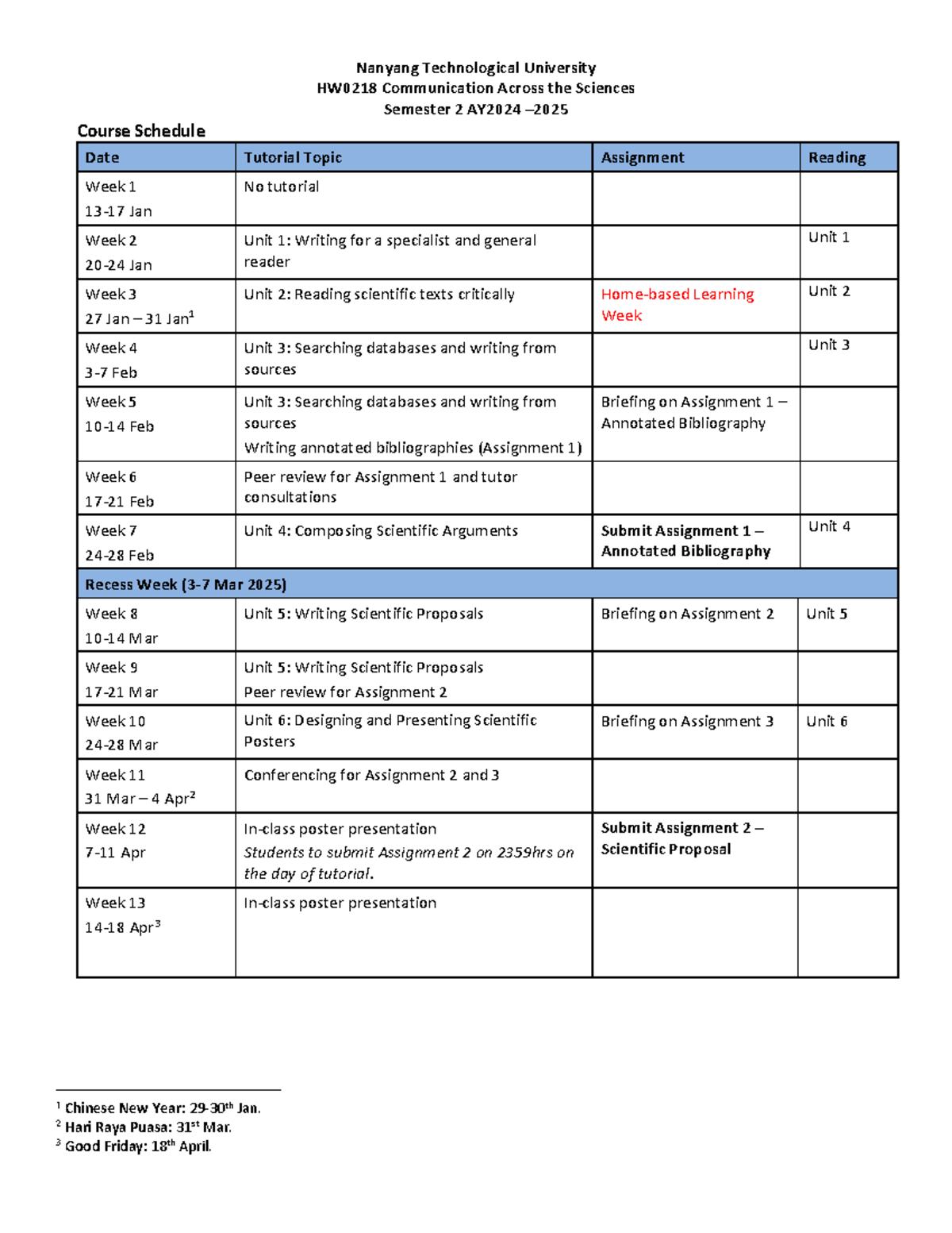 HW0218 Course Schedule AY2024-25 Semester 2 Overview and Topics - Studocu