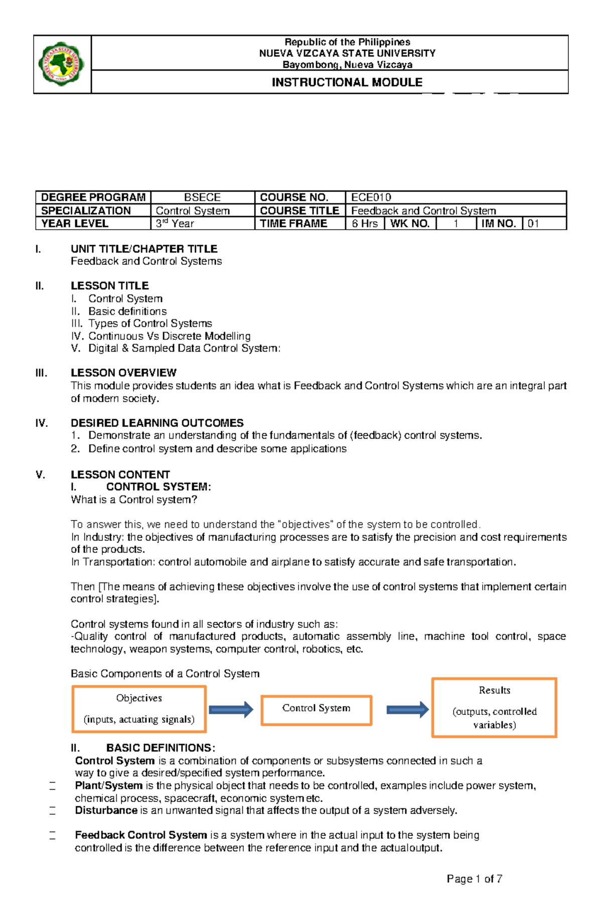 Feedback and Control Systems Overview for ECE 010 - Instructional ...