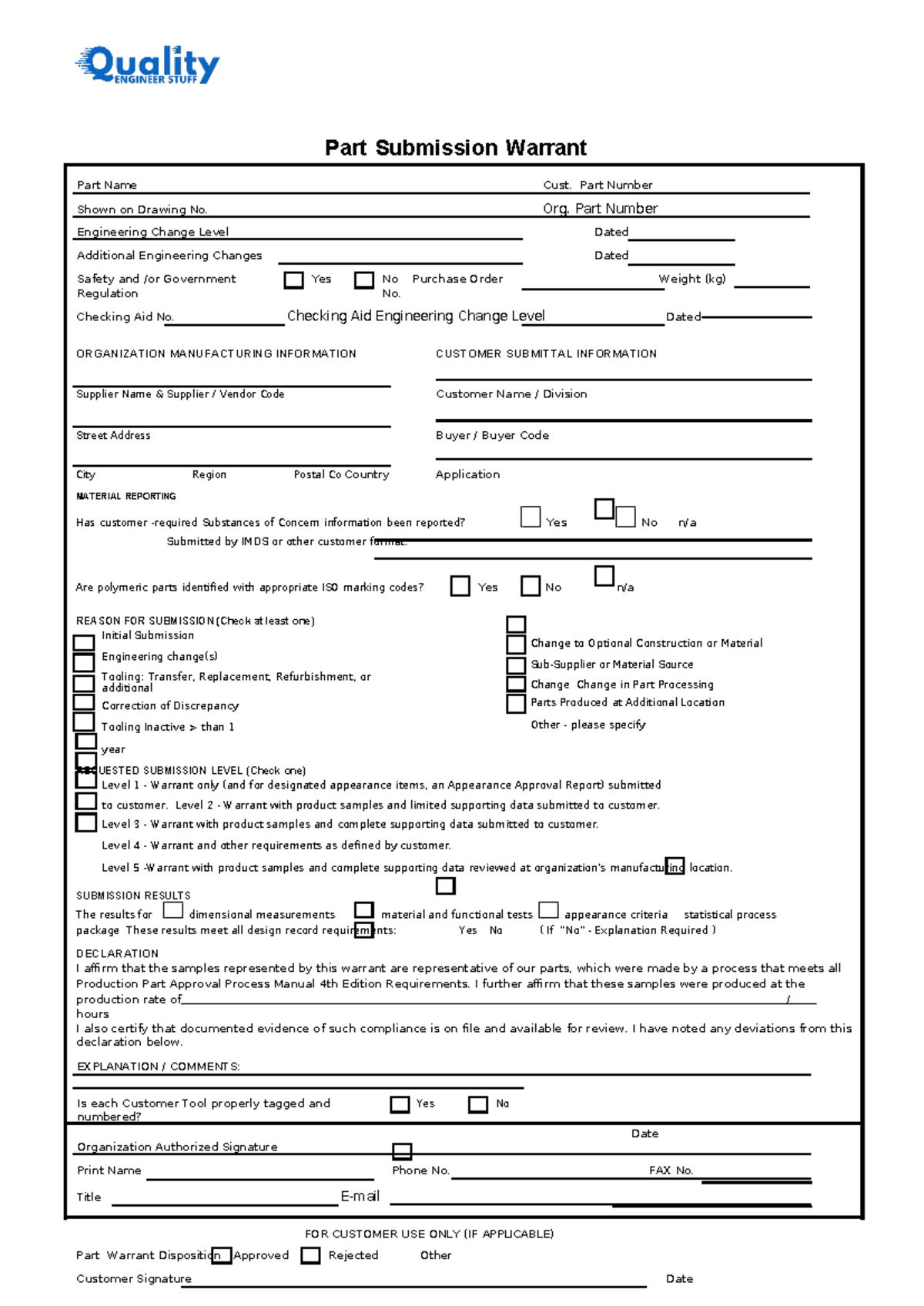 PSW Submission Warrant - Quality Engineering Document - Studocu