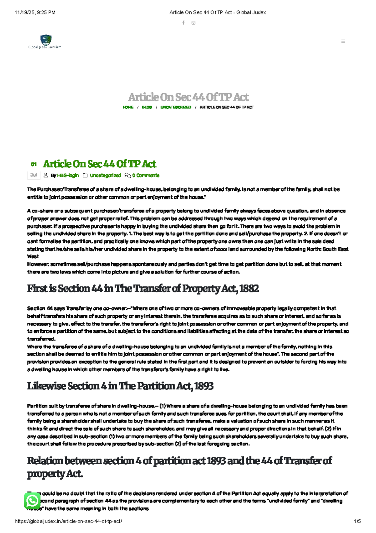 Article on Section 44 of TP Act: Legal Insights and Implications - Studocu