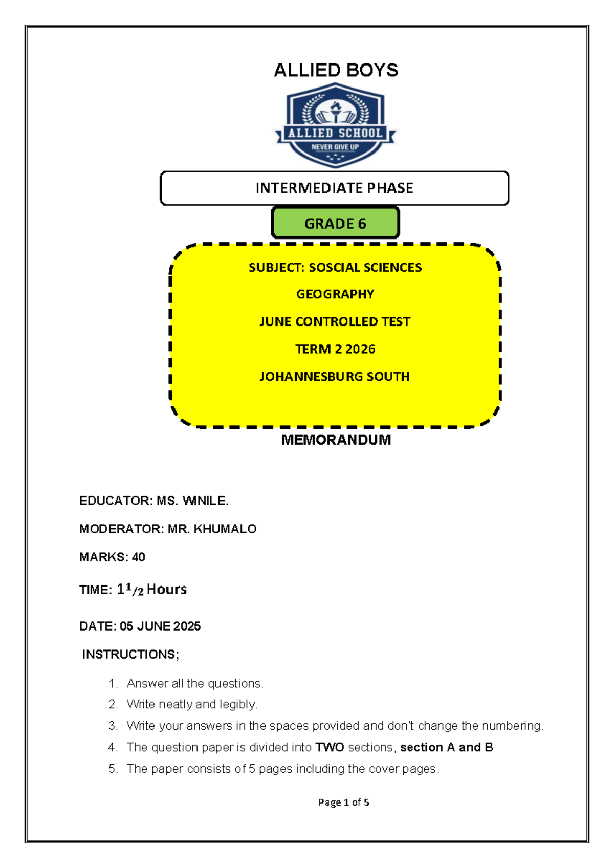 Geography P1 Grade 6 Term 2 June Controlled Test Memo 2026 - Studocu