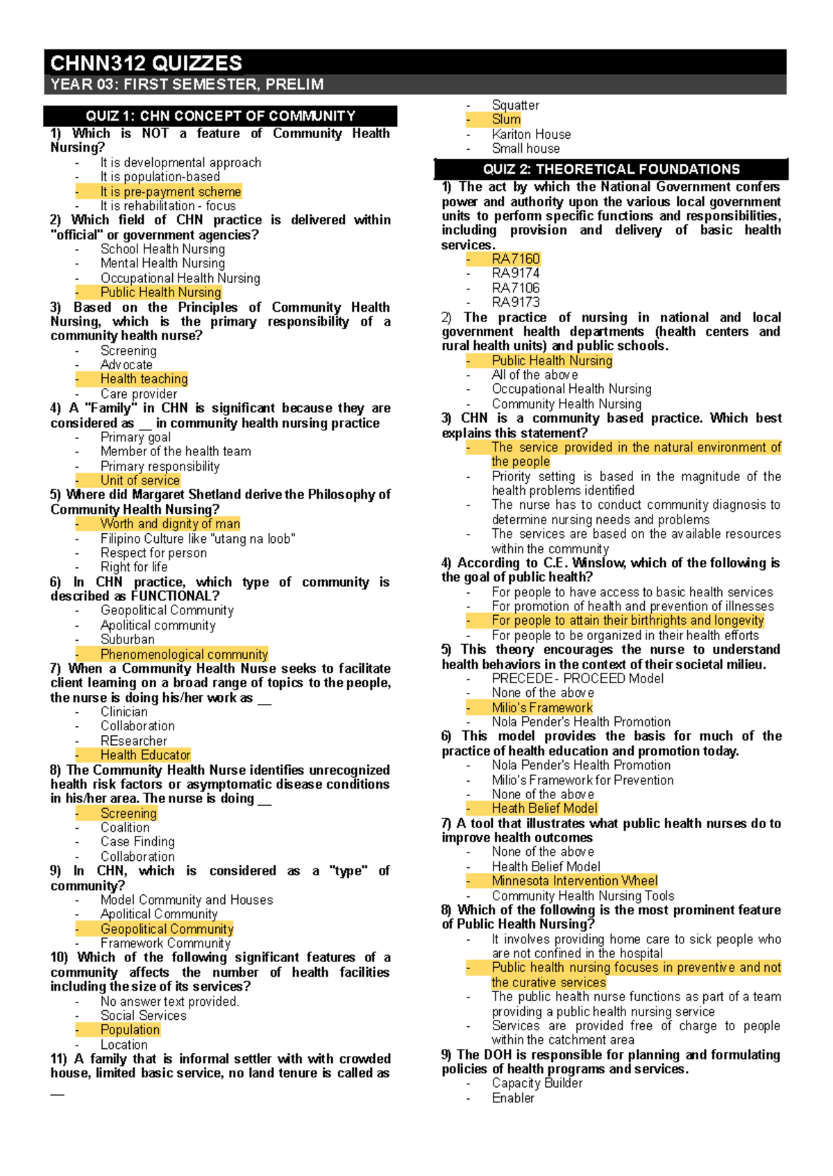 CHNN312 QUIZZES: COMMUNITY HEALTH NURSING PRELIMINARY ASSESSMENTS - Studocu