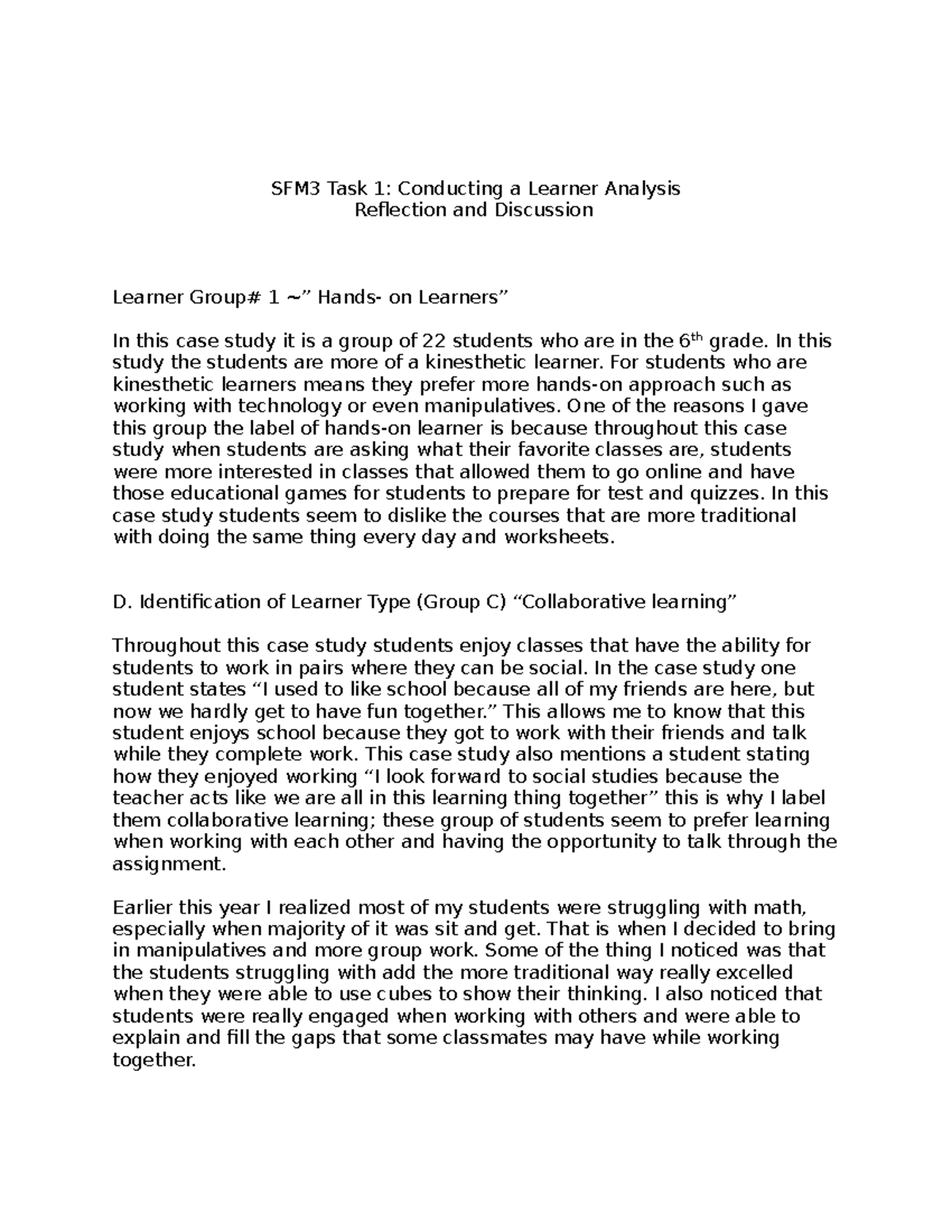 D292 Task 1 Passed - SFM3 Task 1: Conducting a Learner Analysis ...