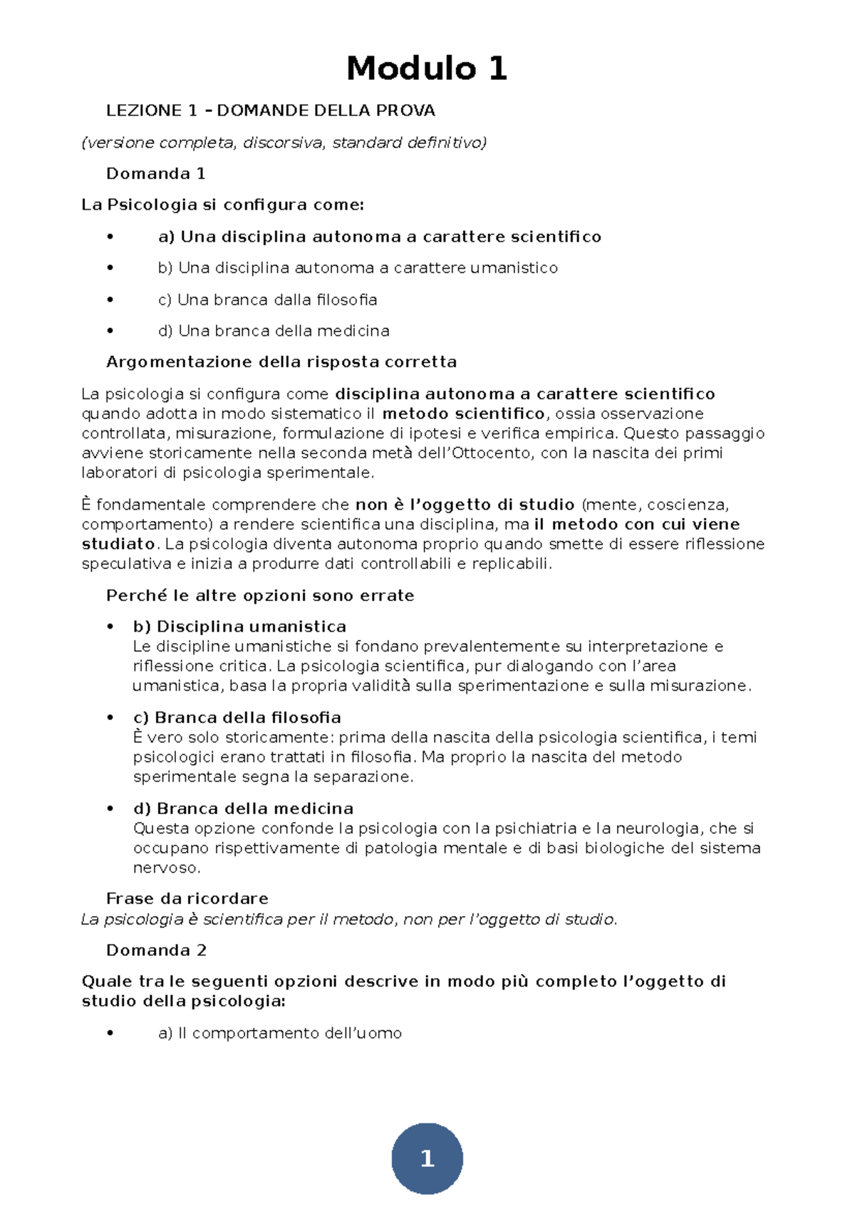 Modulo 1 LEZIONE 1 DOMANDE DELLA PROVA - Risposte Argomentate - Studocu