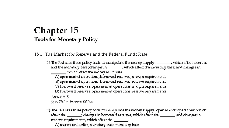 MCQs for Chapter 15: Tools of Monetary Policy (Course Code: 15.6) - Studocu