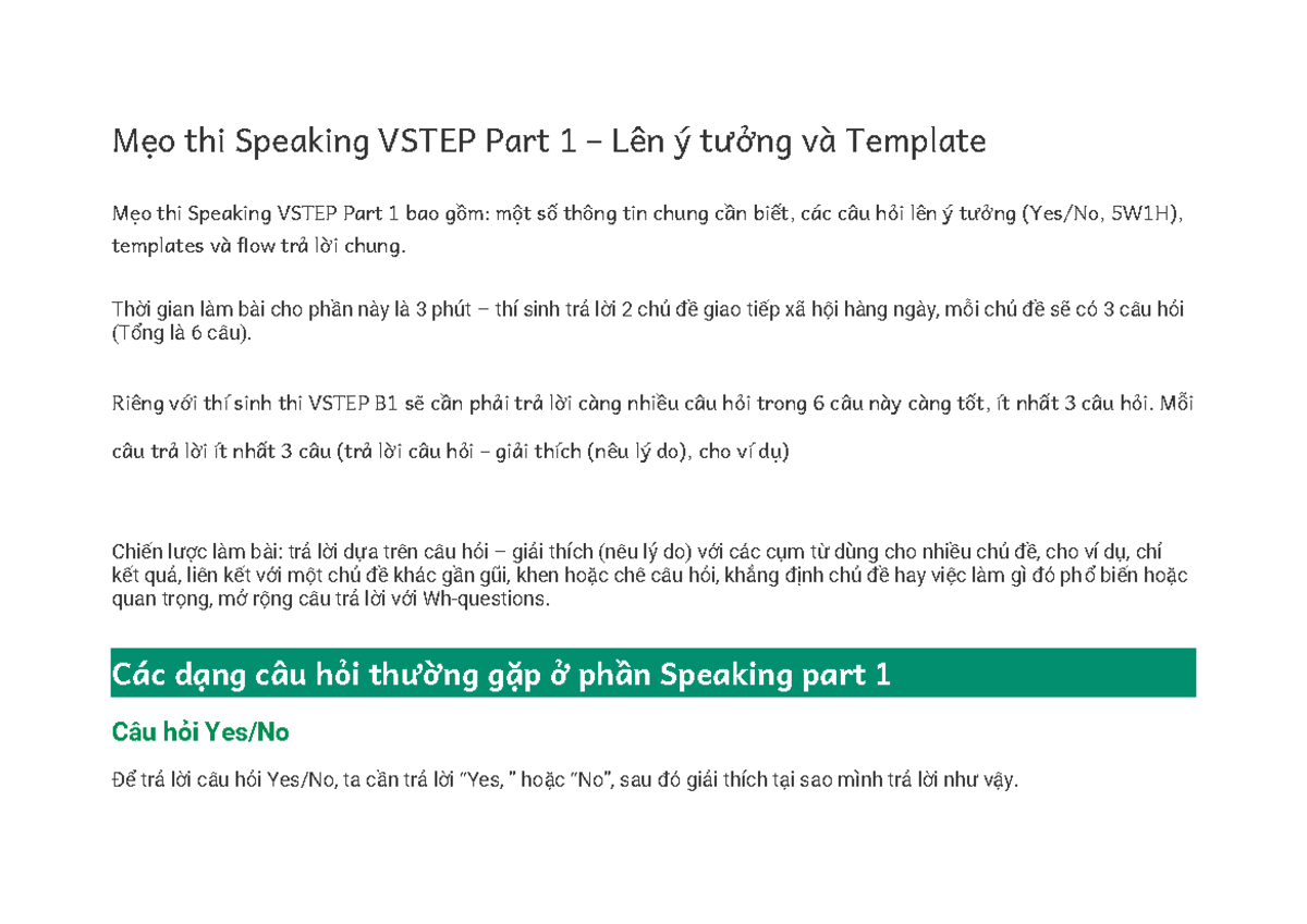 MẸO THI Speaking VSTEP Part 1: Ý Tưởng và Template - Studocu
