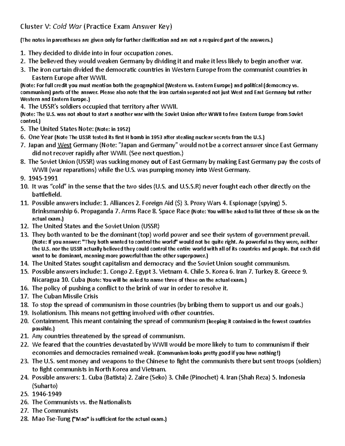 Cold War Practice Quiz KEY - Cluster V: Cold War (Practice Exam Answer ...