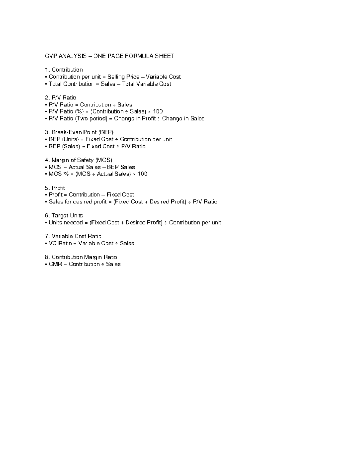 CVP Formula Sheet - super 2 - CVP ANALYSIS – ONE PAGE FORMULA SHEET ...