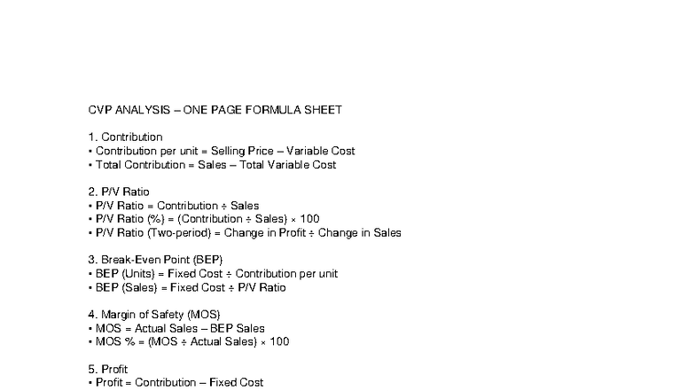 CVP Formula Sheet - super 2 - CVP ANALYSIS – ONE PAGE FORMULA SHEET ...