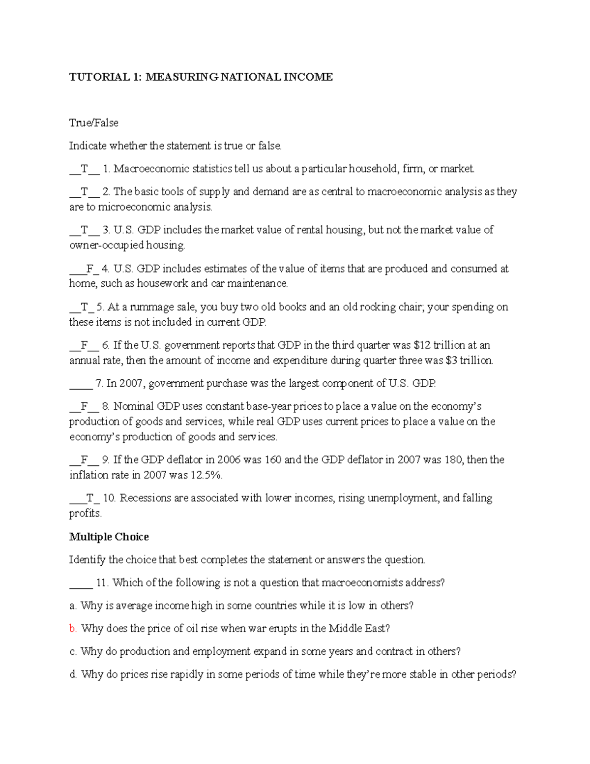 Macroeconomics Tutorial 1 - National Income Measurement Guide - Studocu