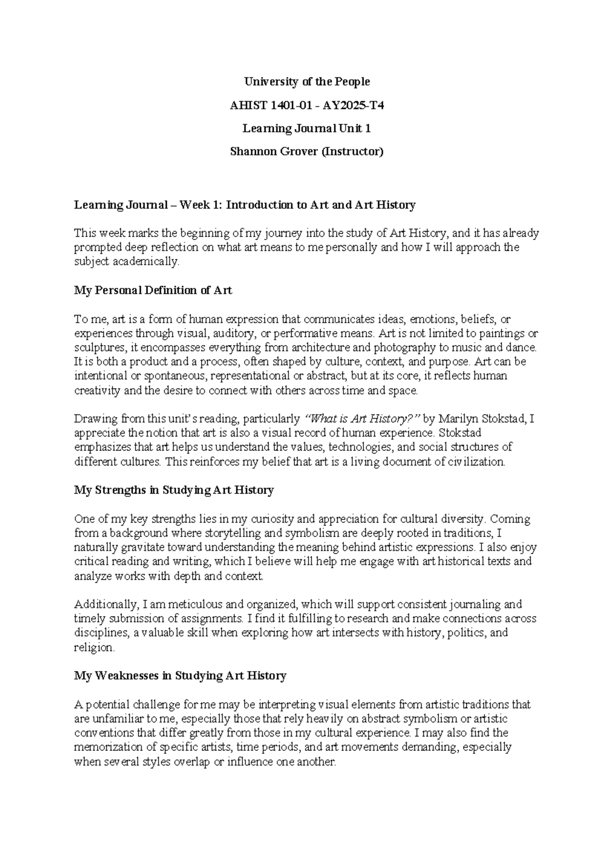 AHIST Learning Journal Unit 1: Intro to Art & Art History - Studocu
