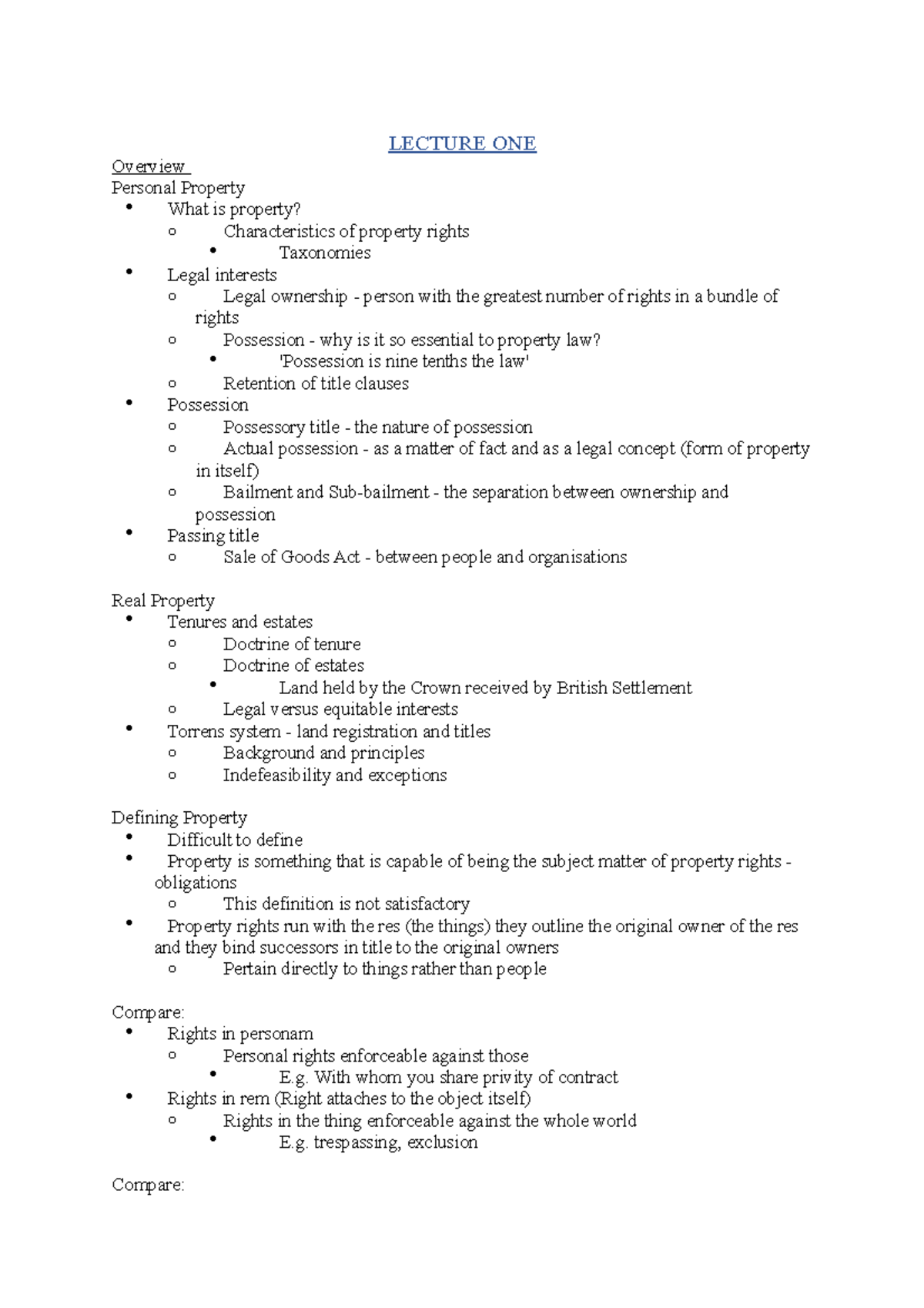 Consolidated Lecture Notes - LECTURE ONE Overview Personal Property ...