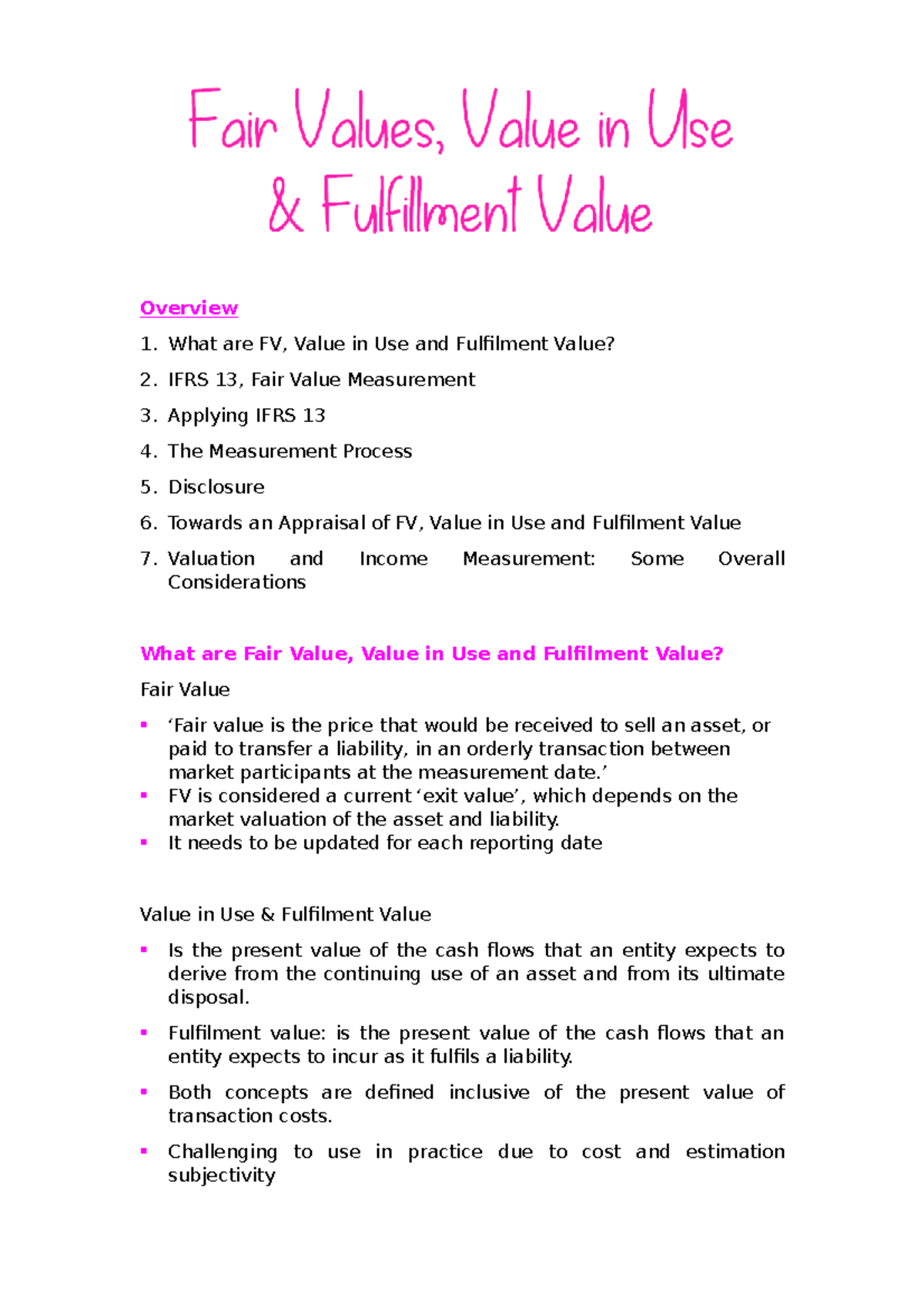 IFRS 13 Insights: Fair Value, Value in Use & Fulfillment Value Overview ...
