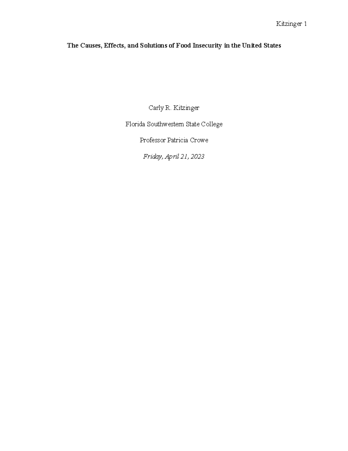 Food Insecurity in the U.S.: Causes, Effects & Solutions Essay - Studocu