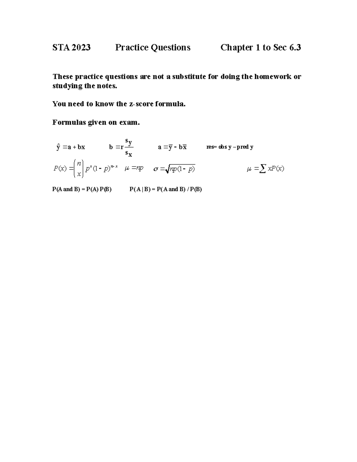 Stat1 - practice - STA 2023 Practice Questions Chapter 1 to Sec 6 ...