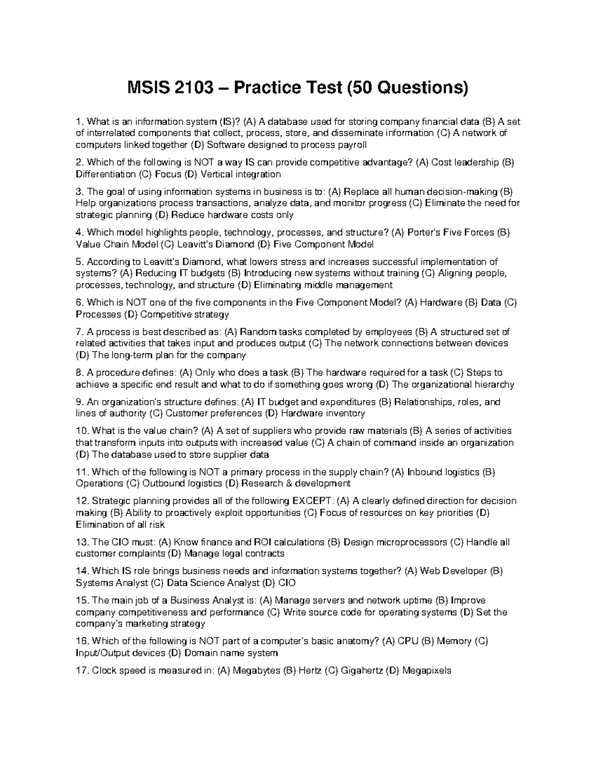 MSIS 2103 - Practice Test: Information Systems & Security (50 Qs) - Studocu