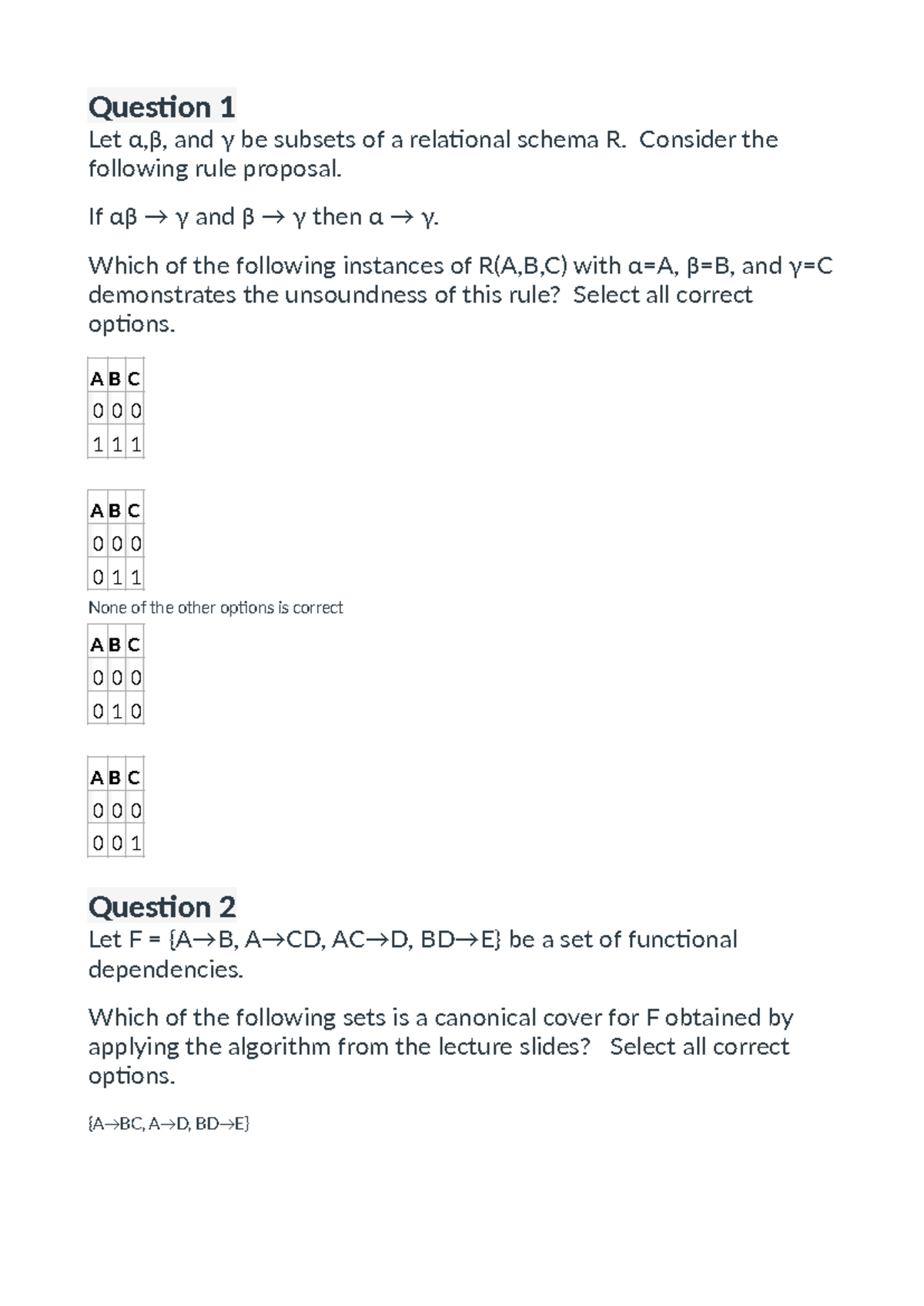 Weekly Quiz Questions 1-8 for Course Code: DB101 - Studeersnel