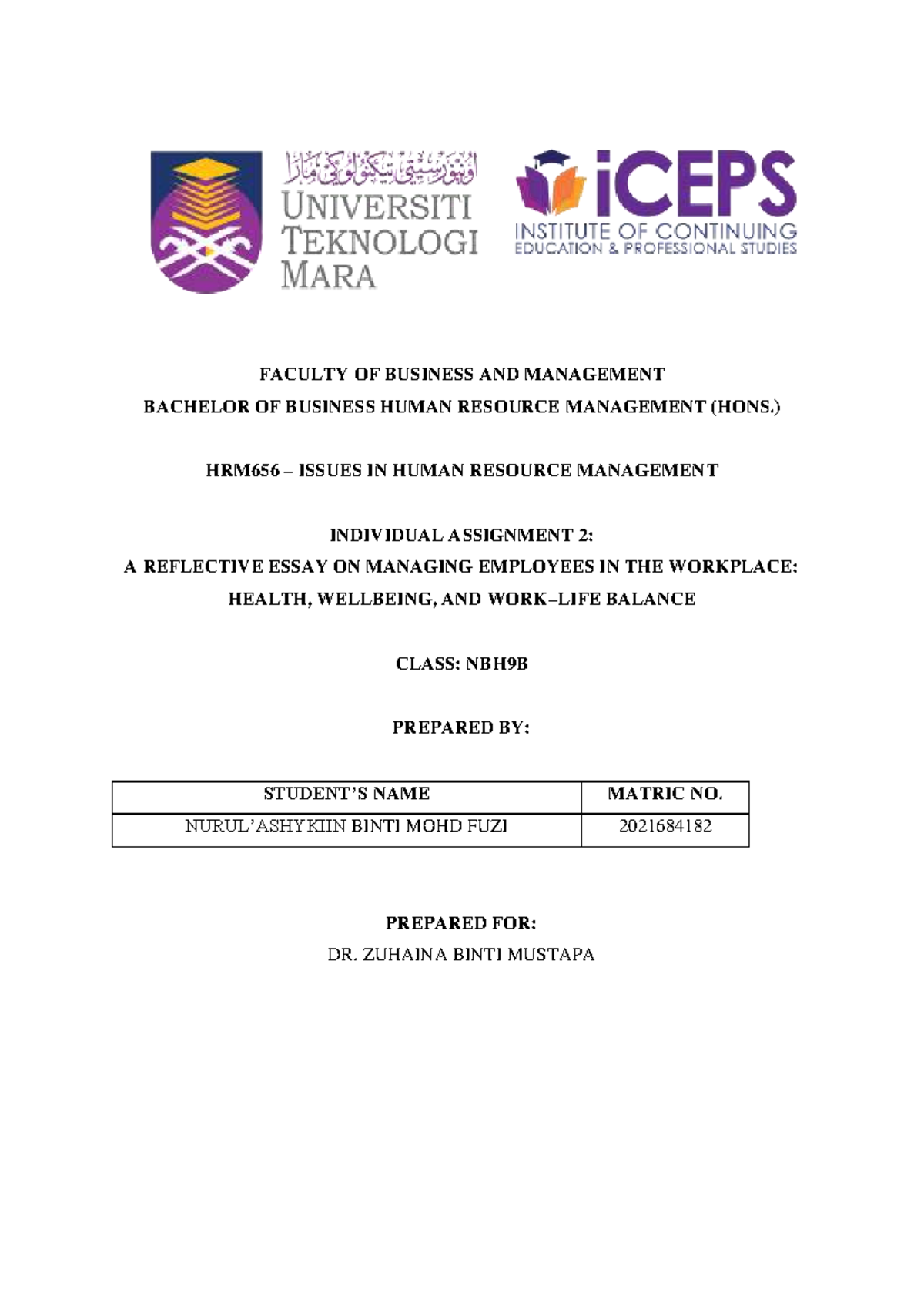 HRM656 Individual Assignment 2: Reflective Essay on Employee Wellbeing ...