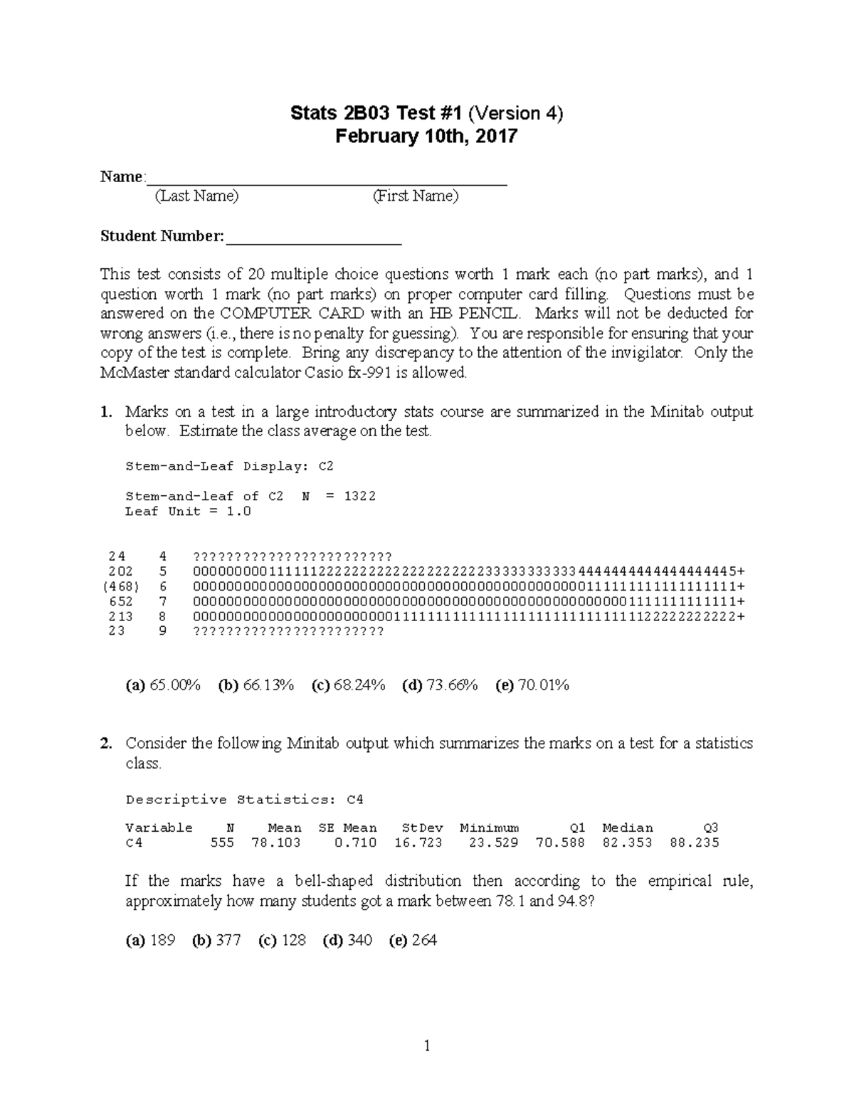 Midterm 1 Exam Review for Stats 2B03 - Key Concepts & Questions - Studocu
