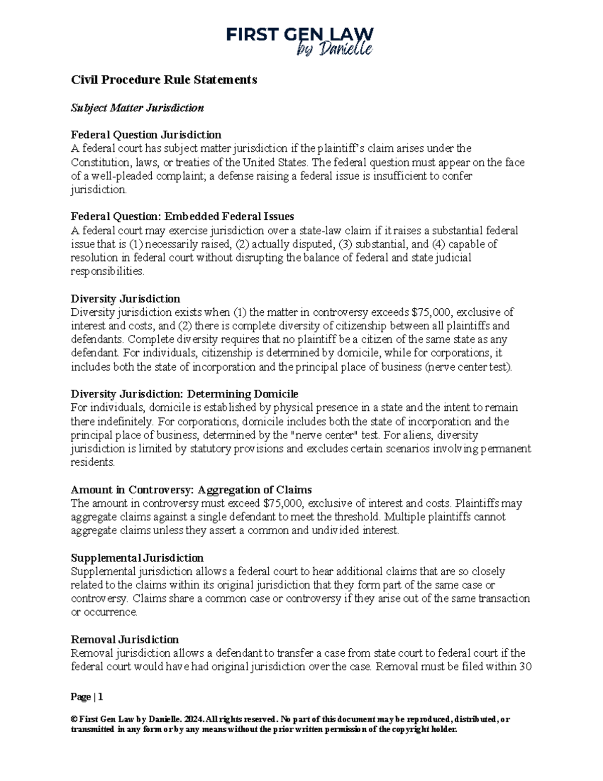 Civ Pro Rule Statements PDF - Page | 1 © First Gen Law by Danielle ...