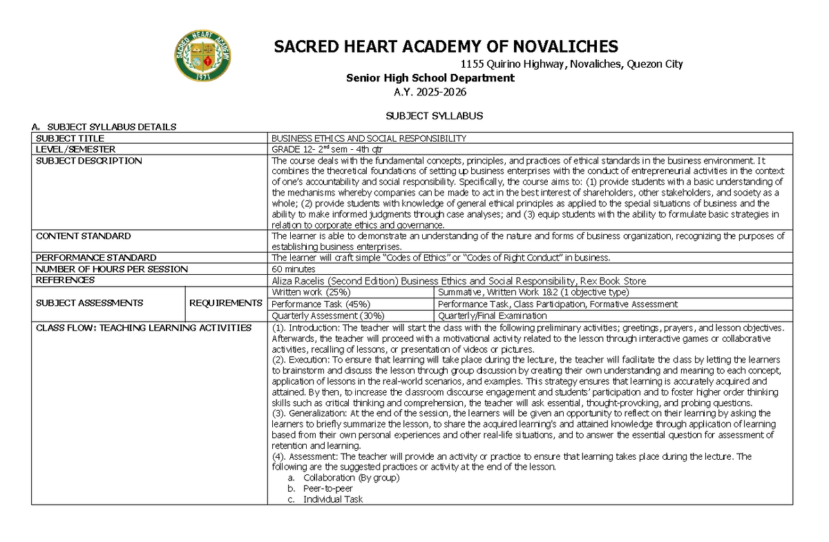 Business Ethics and Social Responsibility Syllabus (4th Quarter) GR12 ...