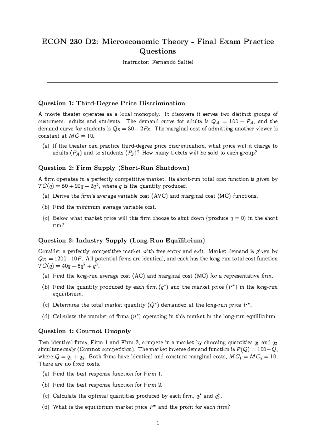 ECON 230 D2: Microeconomic Theory Final Exam Practice Questions - Studocu