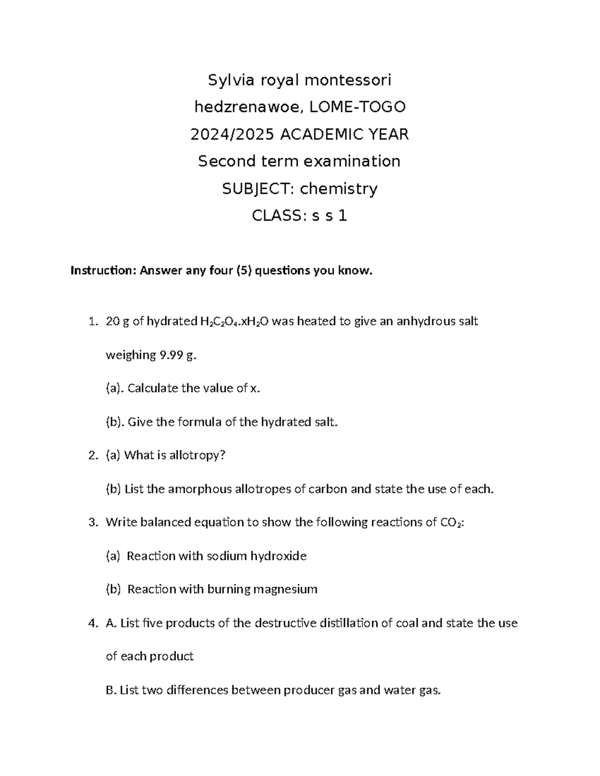 Chemistry SS1 2nd Term Exam Questions and Instructions - Studocu