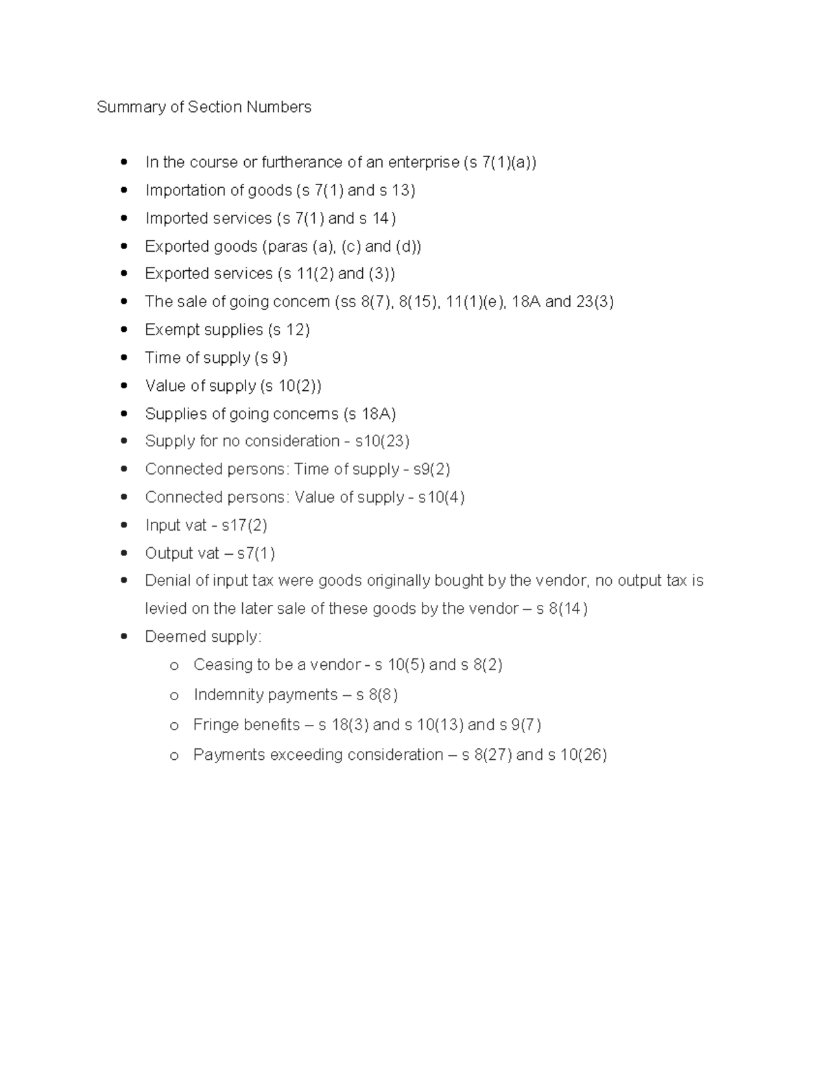 Summary of Section Numbers: VAT Overview and Key Provisions - Studocu