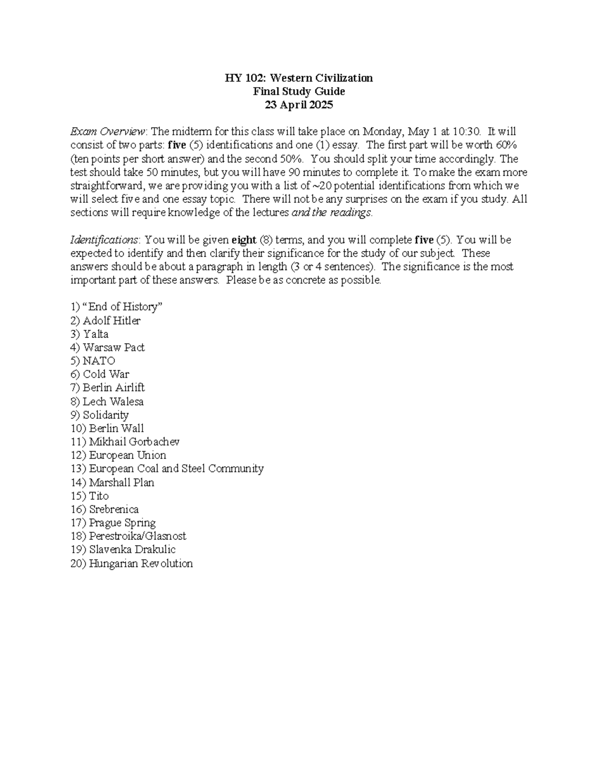 HY 102: Western Civilization Final Exam Study Guide - Key Topics & IDs ...