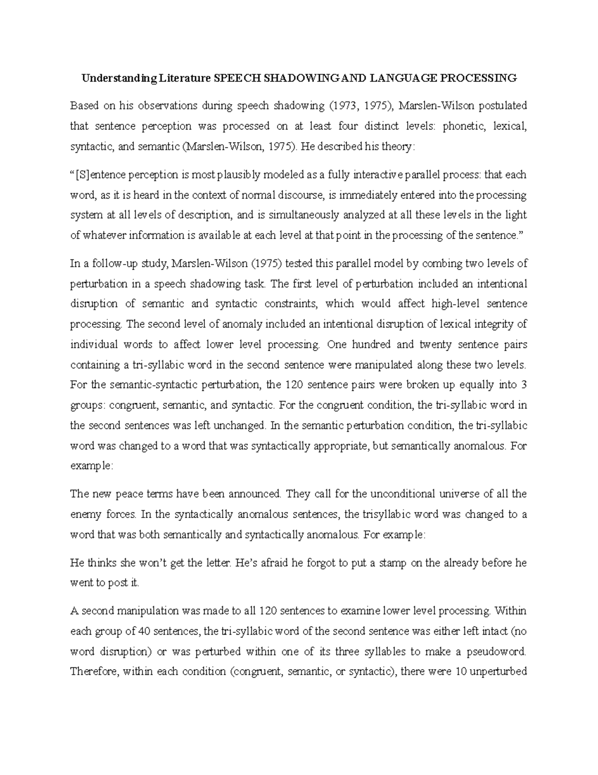 Understanding Literature Speech Shadowing AND Language Processing ...