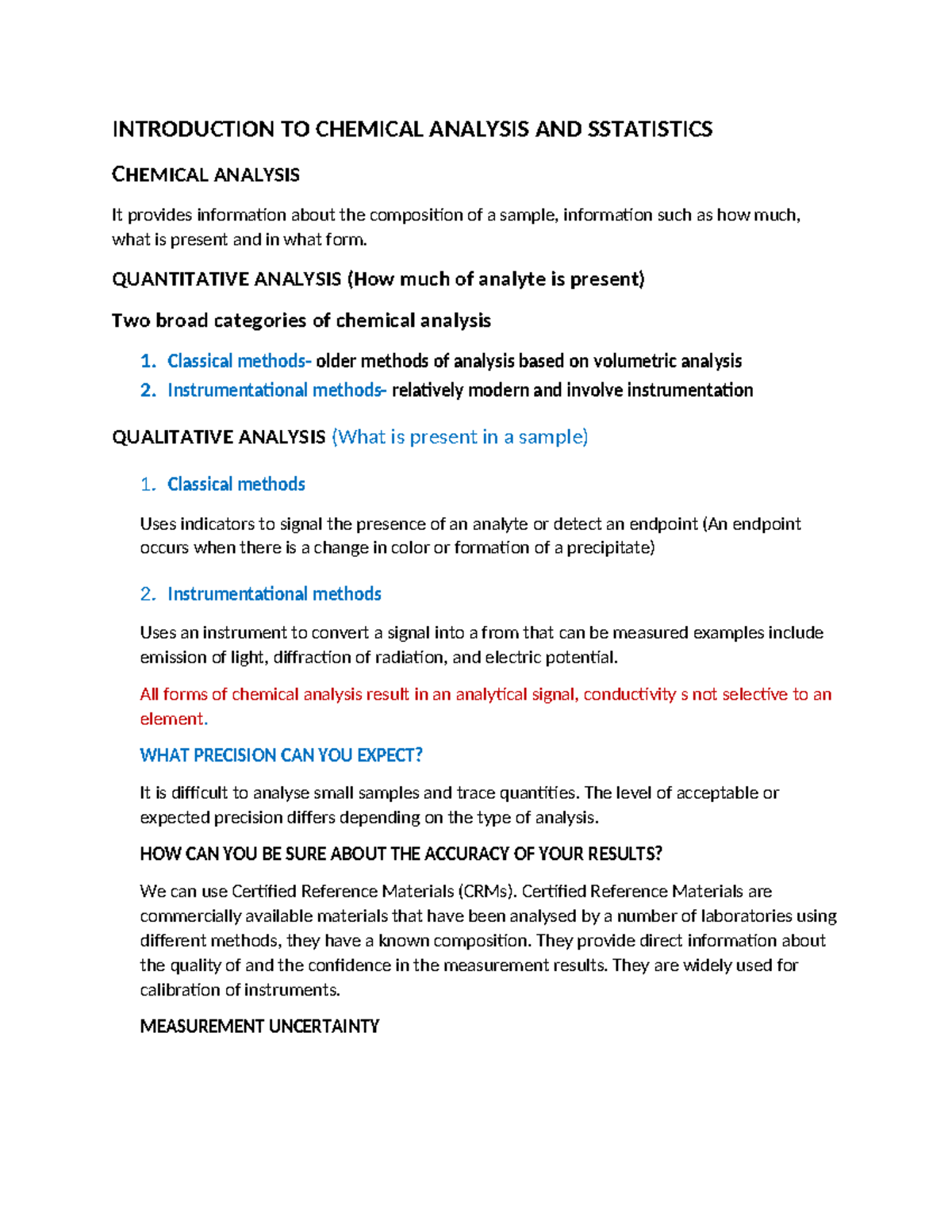 Chemical Analysis and Statistics Summary Notes (CHEM 101) - Studocu