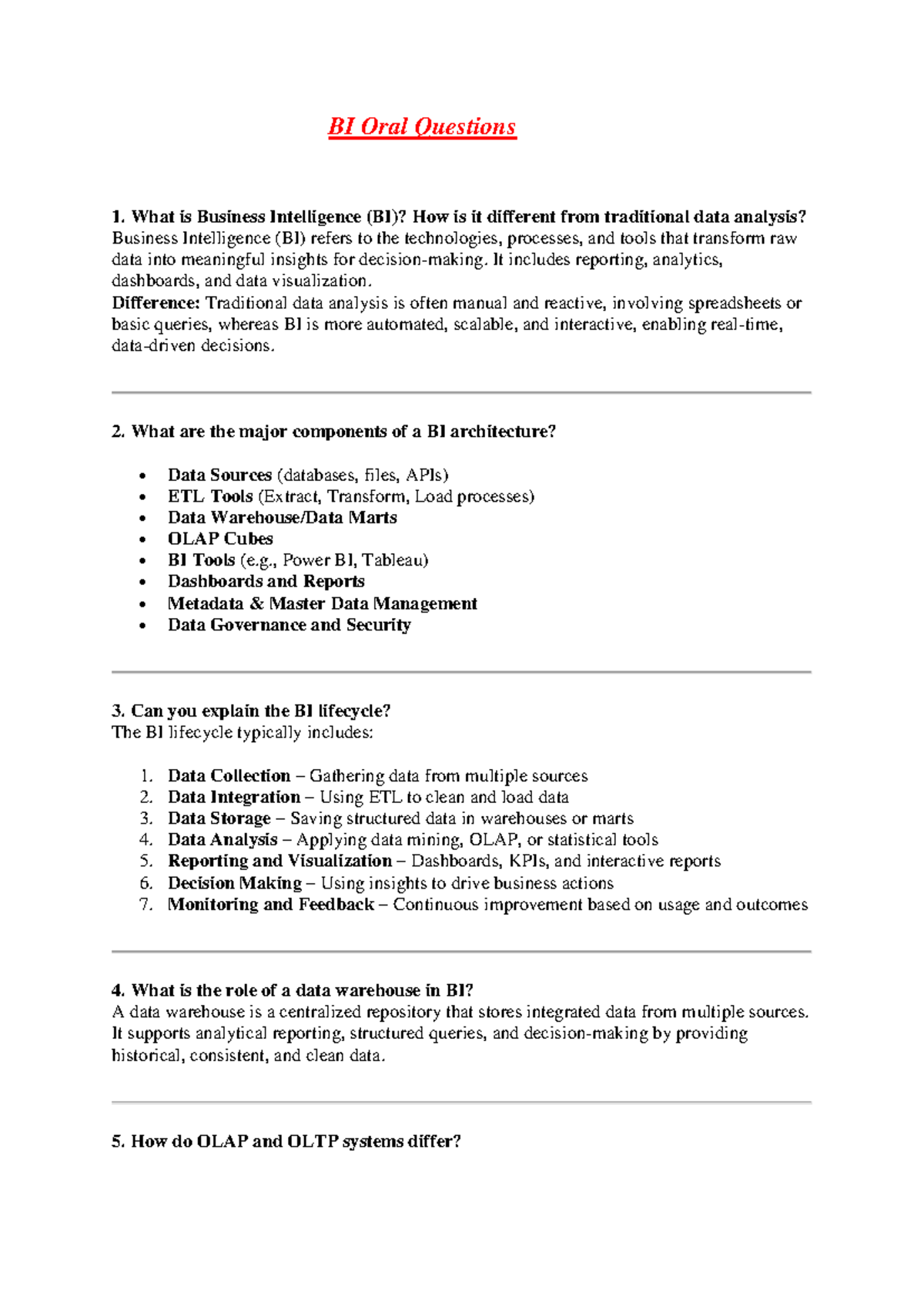 BI Oral Exam Questions - Comprehensive Question Bank - Studocu