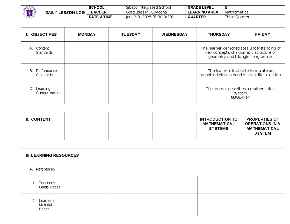 SCHOOL DAILY LESSON LOG: VALUES EDUCATION 9 Q1 - WEEK 1 - Studocu