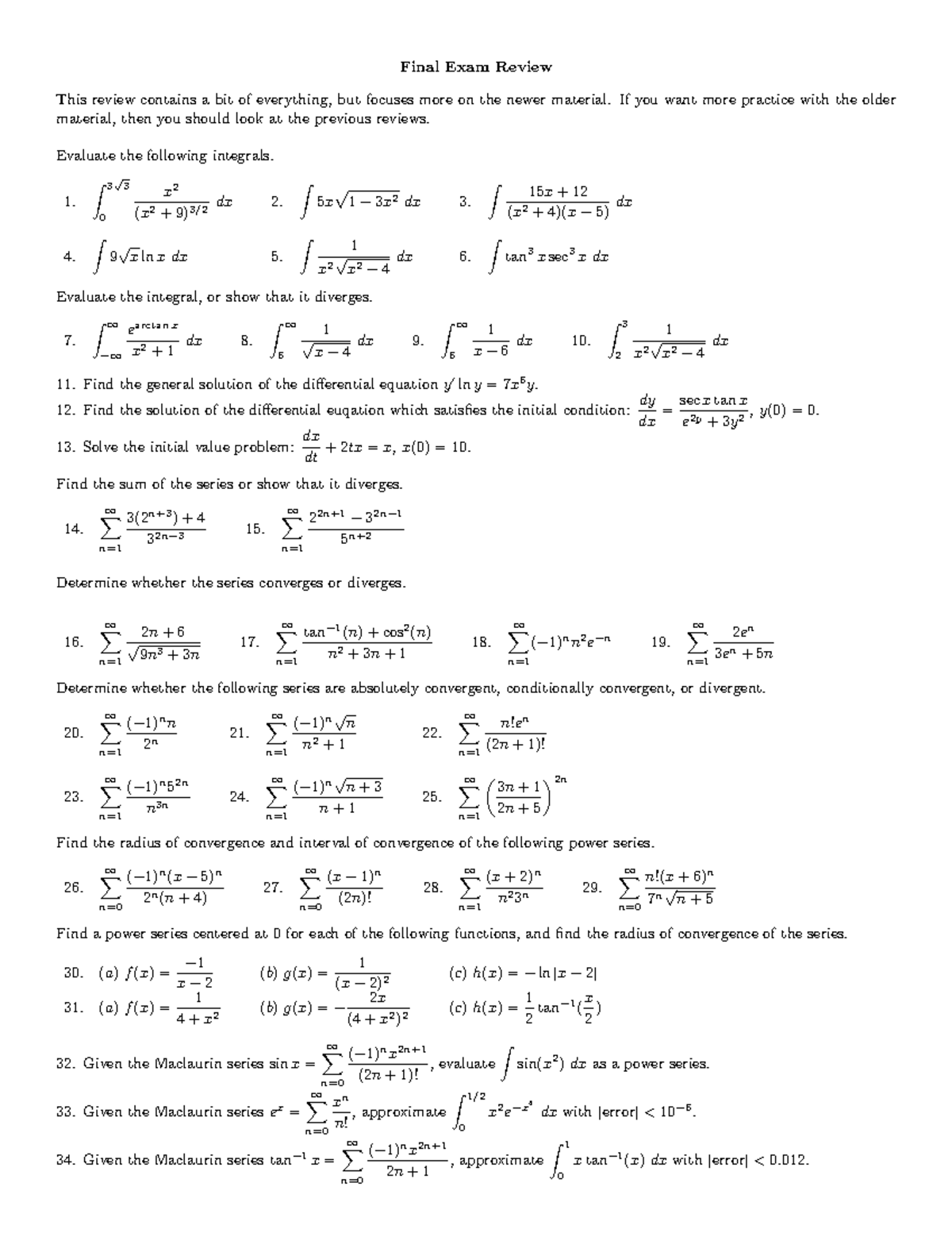 2414 Final Exam Review: Comprehensive Integral & Series Practice - Studocu