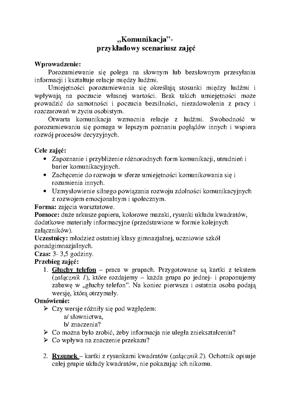Scenariusz zajęć o komunikacji dla młodzieży - Komunikacja 101 - Studocu