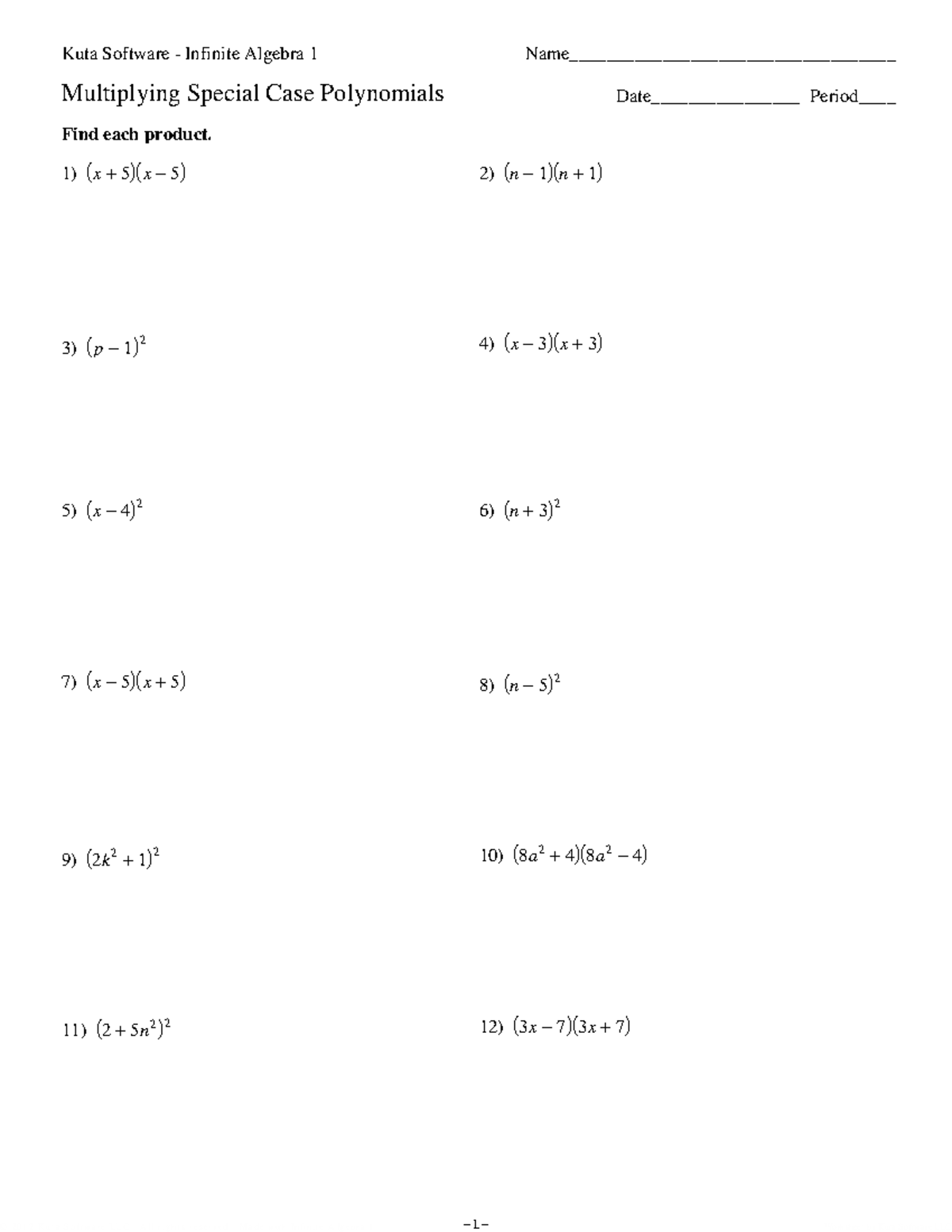 Kuta Software - Infinite Algebra 1: Multiplying Special Case ...