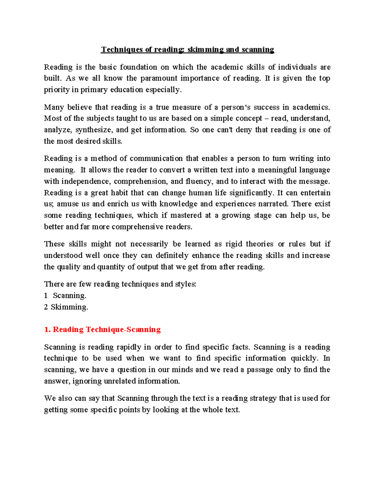 Techniques of Reading: Scanning & Skimming (Comm for Bus Notes) - Studocu