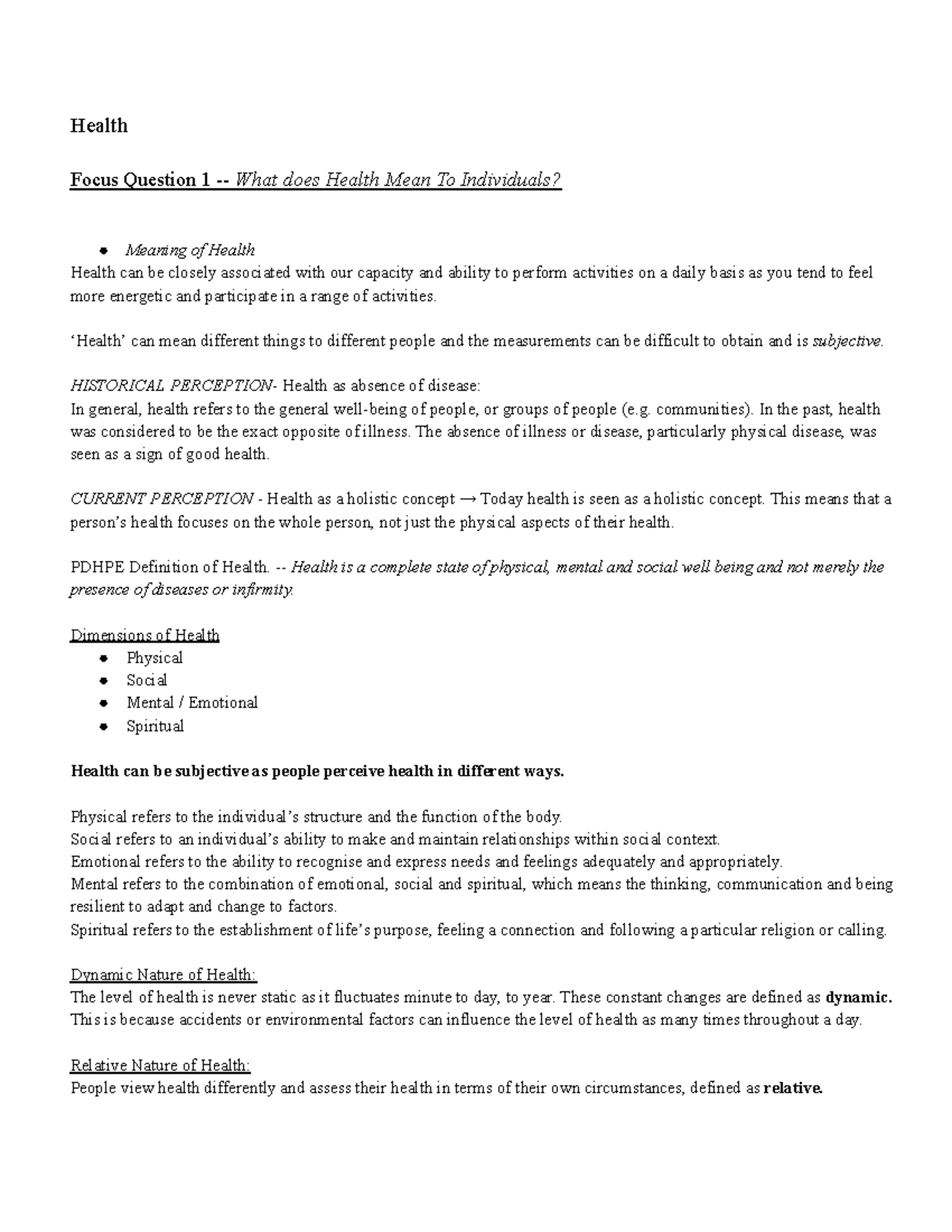 Health - Module 1 Pdhpe - Notes on Core 1 - Health Focus Question 1 ...