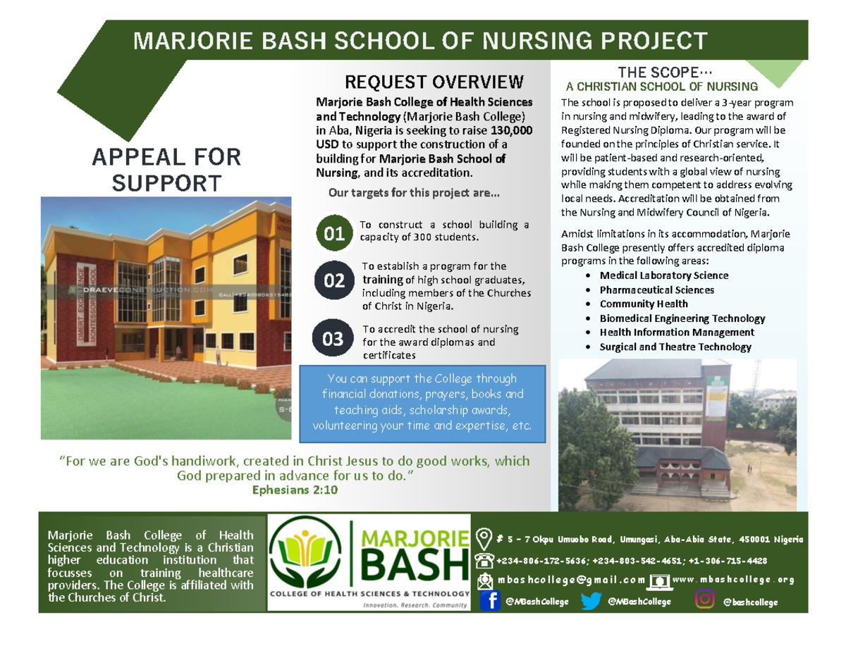 Support for Marjorie Bash School of Nursing Construction Project - Studocu