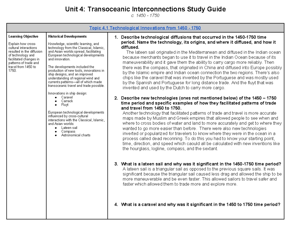 Unit 4 Study Guide: Transoceanic Interconnections (c. 1450-1750) - Studocu