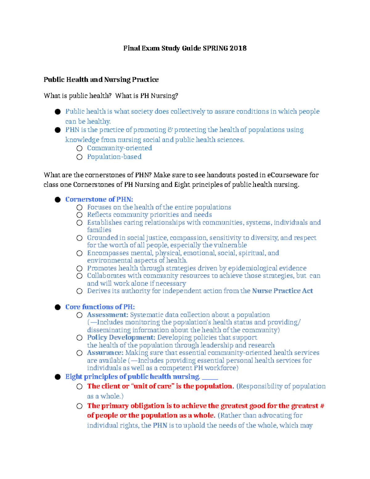 Public Health Nursing Final Exam Study Guide - Spring 2018 - Studocu