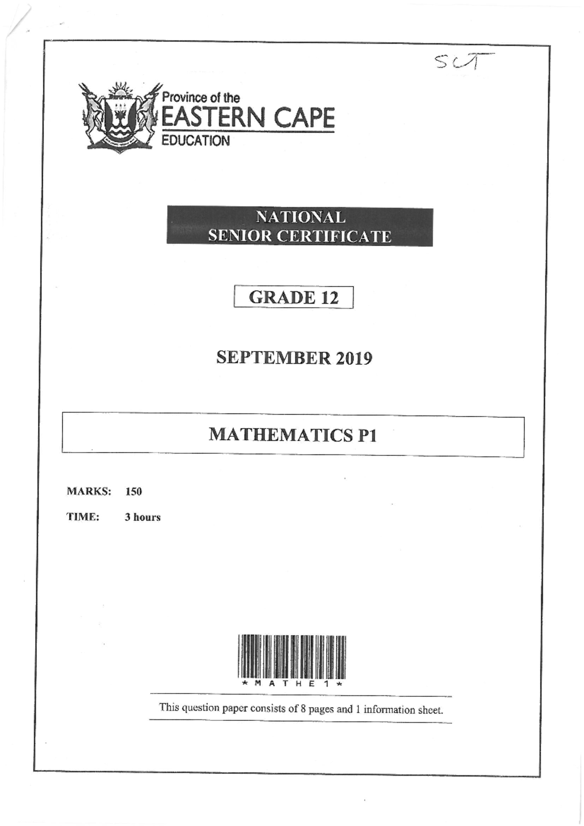 Grade 12 SCT 2019 September Mathematics P1 Exam Paper - Studocu